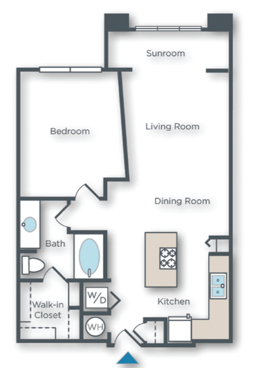 Floor plan for 1 bed, 1 bath, 865 sqft